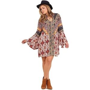 Umgee Daydream Believer Berry Mix Multi Print Boho Tunic Mini Dress Gypsy Flowy